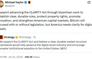 Saylor and Strategy Officially Back CLARITY Act for US Crypto