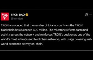 Tron Surpasses 400 Million Accounts as USDT Transfers Near $30 Trillion